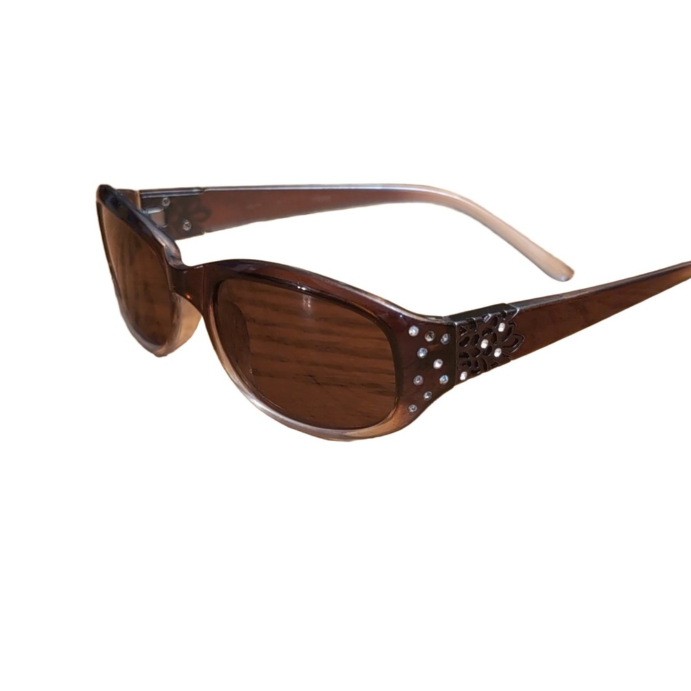 Piranha Rhinestone Embellished Sunglasses Brown Plastic Etched Temple Y2K